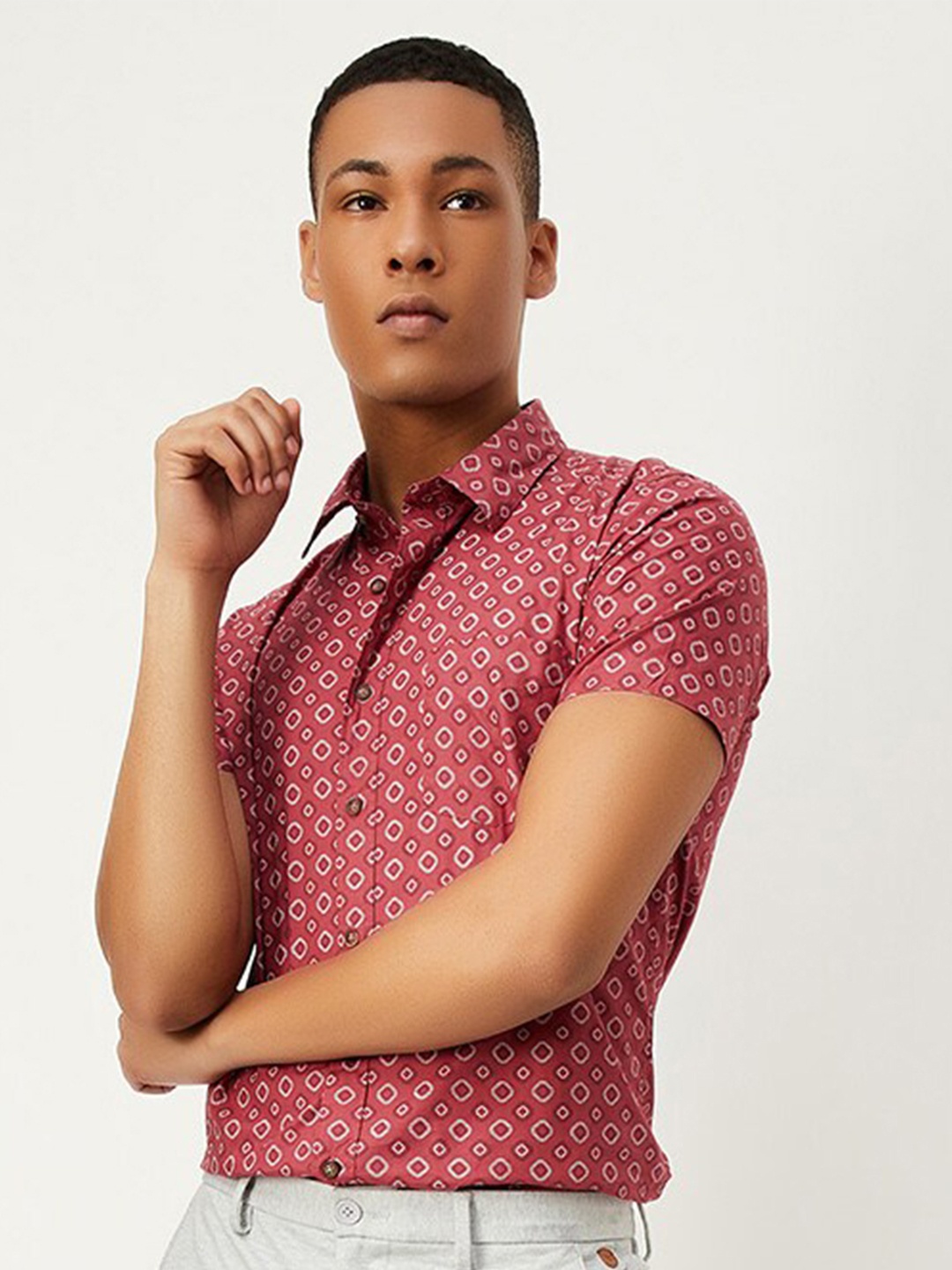 

max Floral Printed Spread Collar Cotton Opaque Casual Shirt, Red