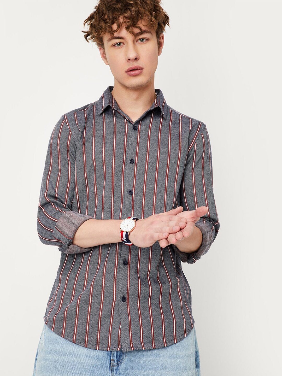 

max Striped Spread Collar Cotton Opaque Casual Shirt, Navy blue