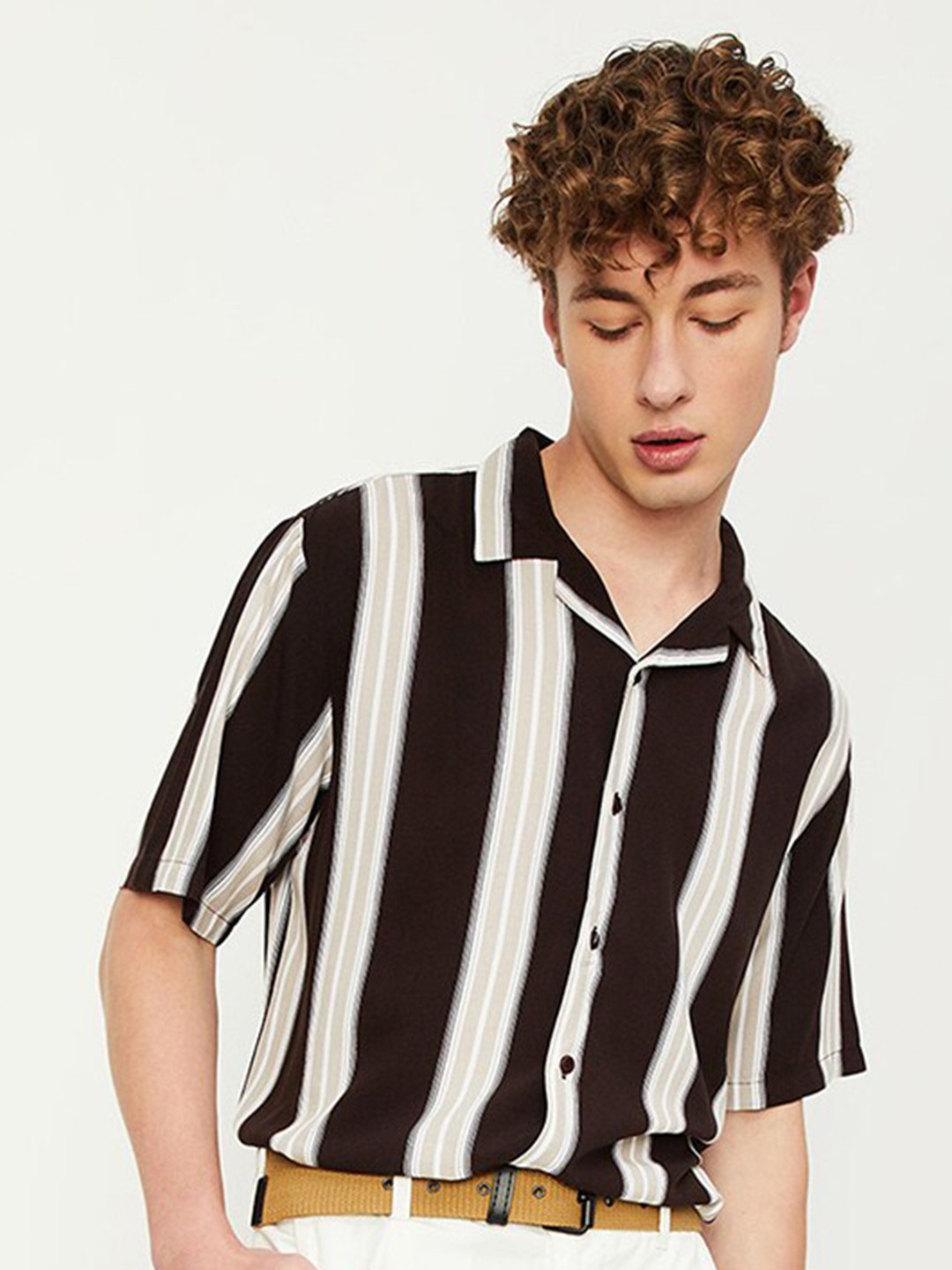 

max Striped Spread Collar Opaque Casual Shirt, Brown