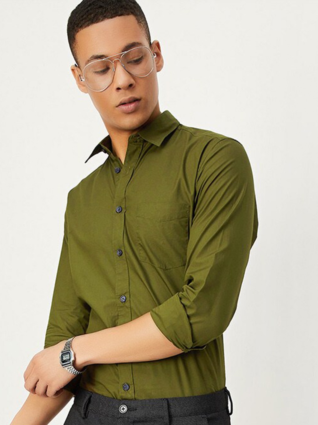 

max Spread Collar Cotton Opaque Casual Shirt, Olive