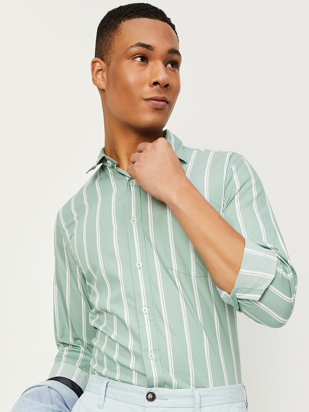 

max Striped Spread Collar Cotton Opaque Casual Shirt, Green