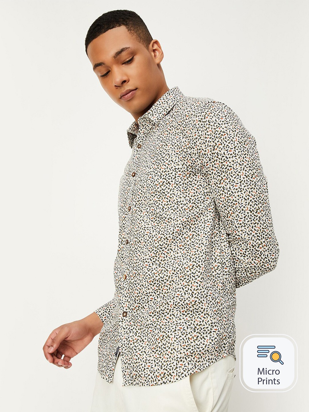 

max Abstract Printed Spread Collar Long Sleeve Cotton Casual Shirt, Beige