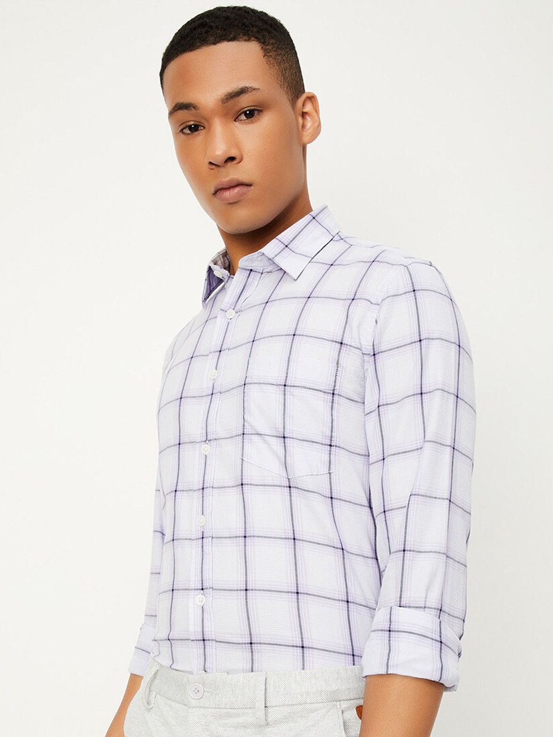 

max Windowpane Checks Opaque Pure Cotton Casual Shirt, Purple