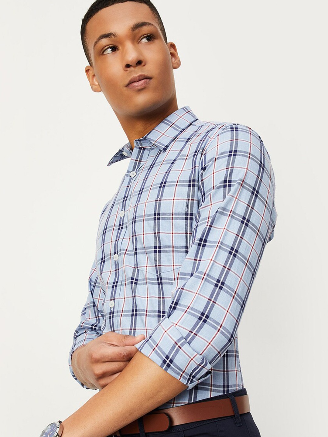 

max Tartan Checks Cotton Casual Shirt, Blue