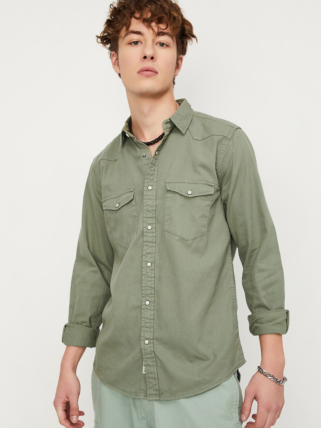 

max Cotton Opaque Casual Shirt, Green