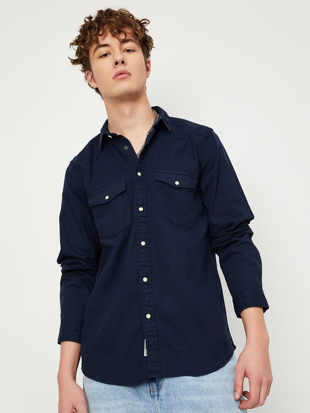 

max Spread Collar Cotton Opaque Casual Shirt, Navy blue