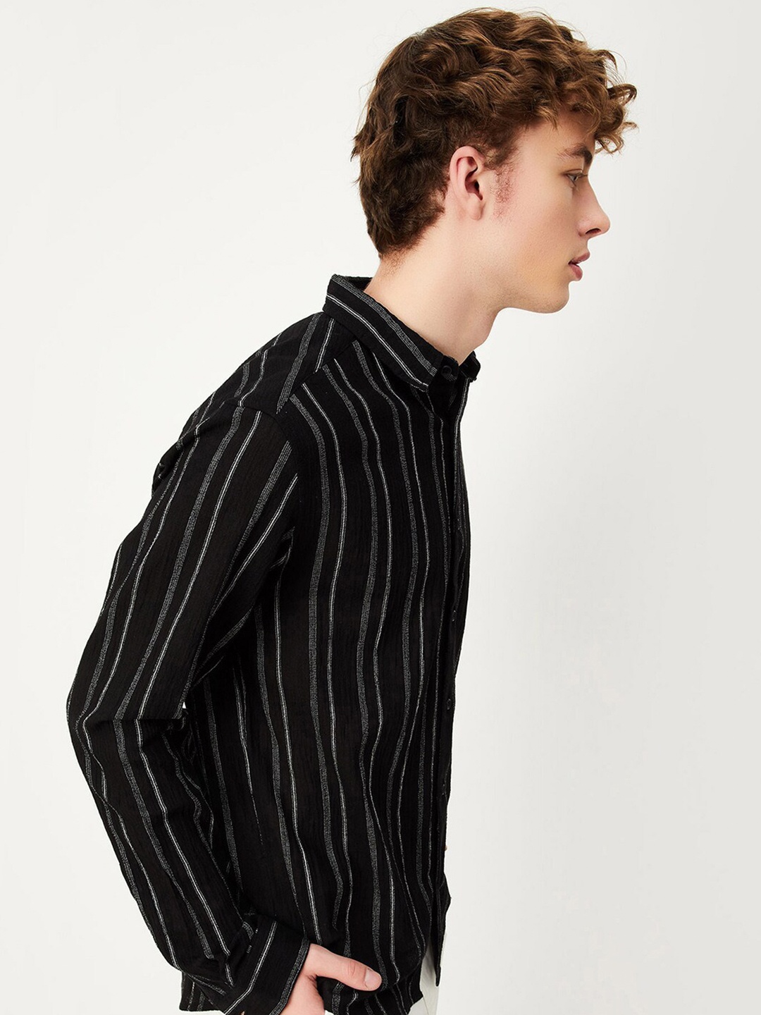 

max Striped Printed Spread Collar Long Sleeve Cotton Casual Shirt, Black