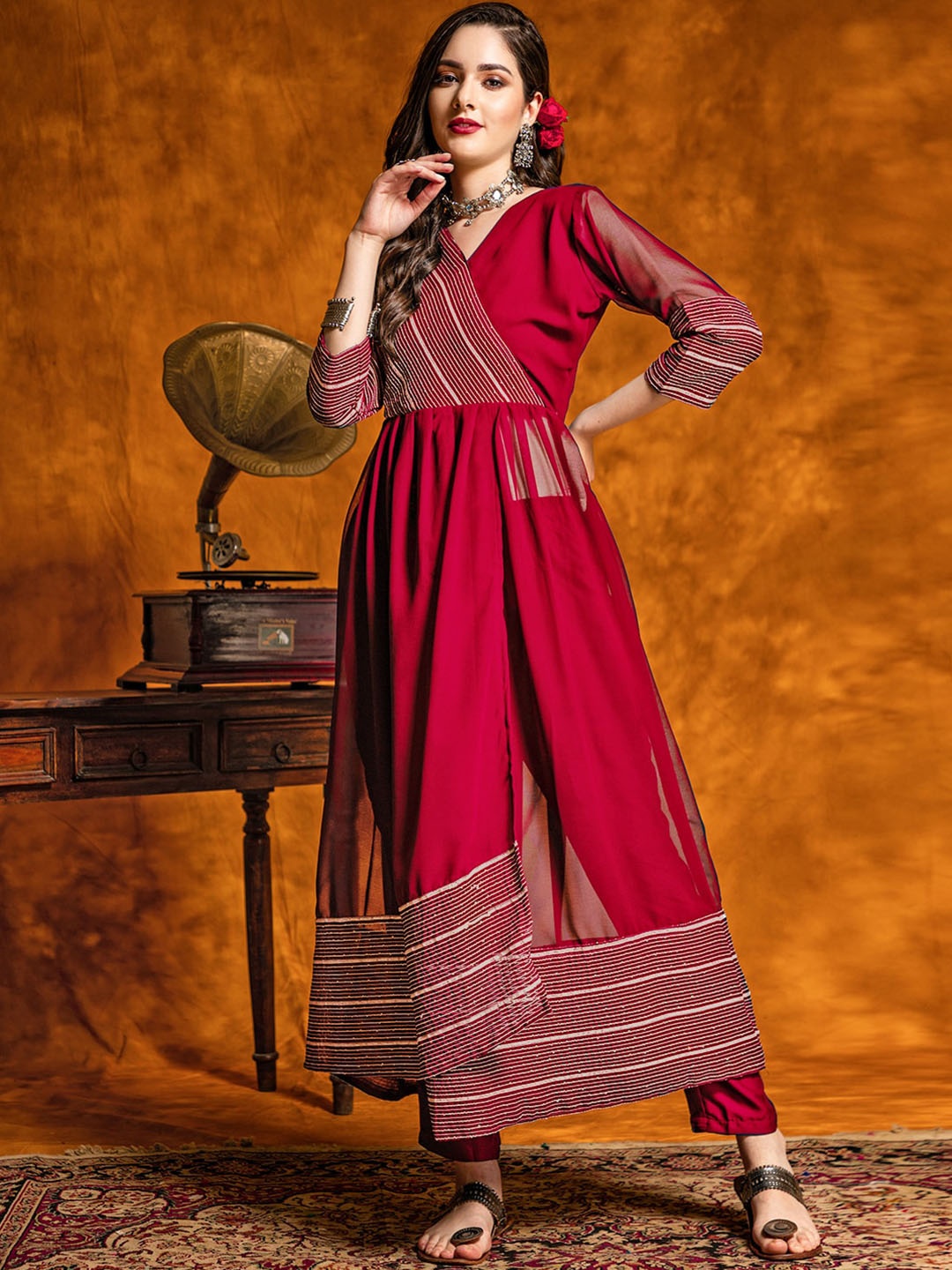 

KALINI Embroidered V-Neck Angrakha Georgette Kurta with Trousers, Red