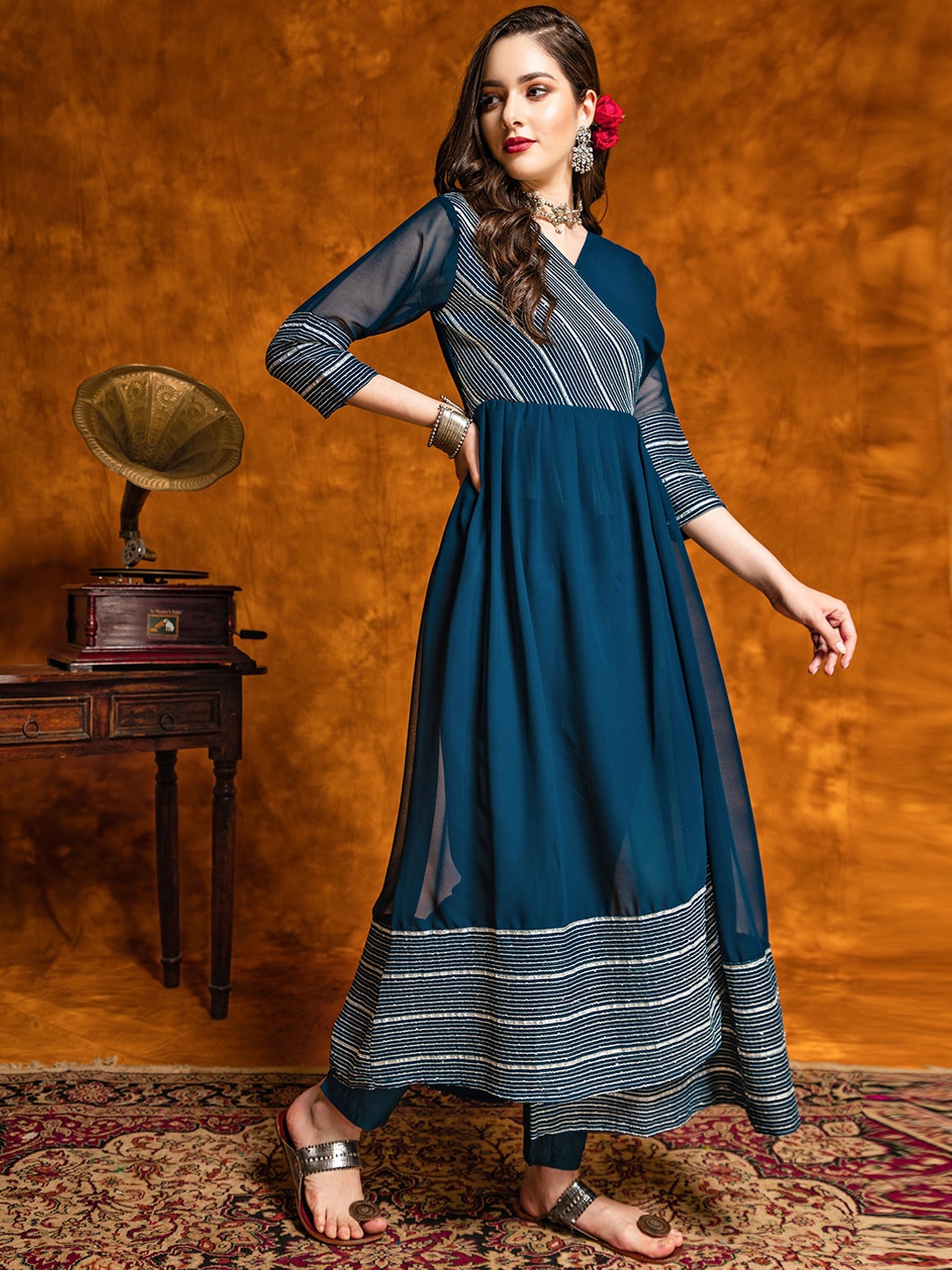 

KALINI Yoke Design Angrakha Kurta with Trousers, Teal