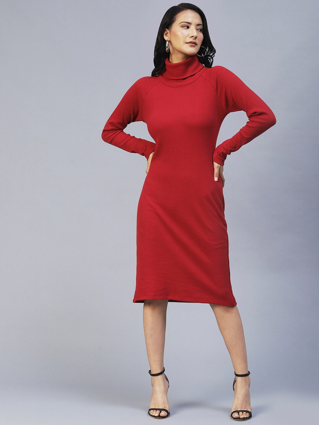 

Rigo Self Design High Neck Sheath Dress, Maroon