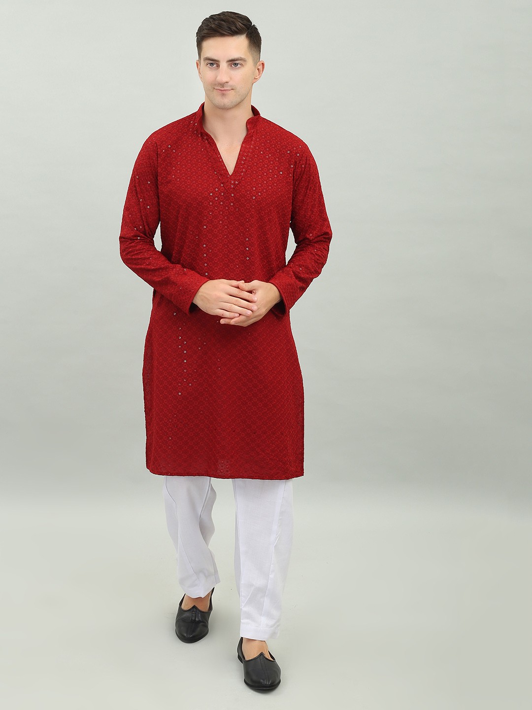 

Benstoke Floral Embroidered Regular Chikankari Straight Kurta with Pyjamas, Maroon