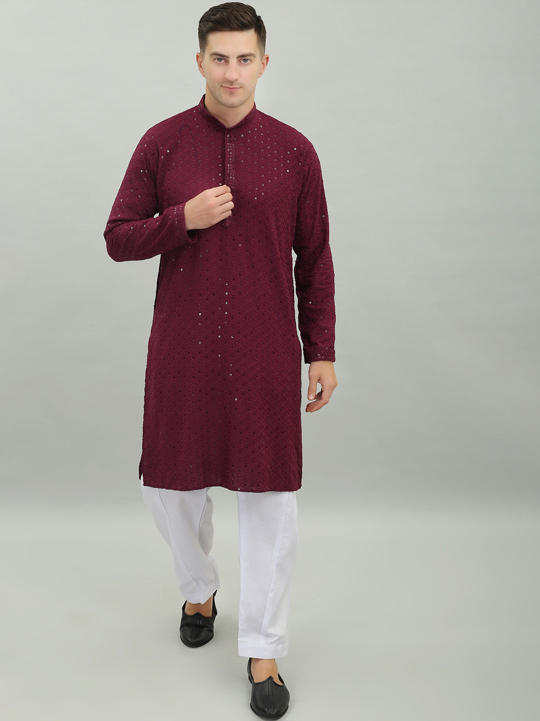 

Benstoke Floral Embroidered Regular Chikankari Straight Kurta with Pyjamas, Burgundy