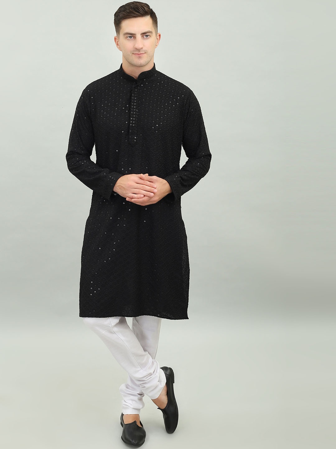 

Benstoke Floral Chikankari Embroidered Sequined Straight Kurta with Pyjamas, Black