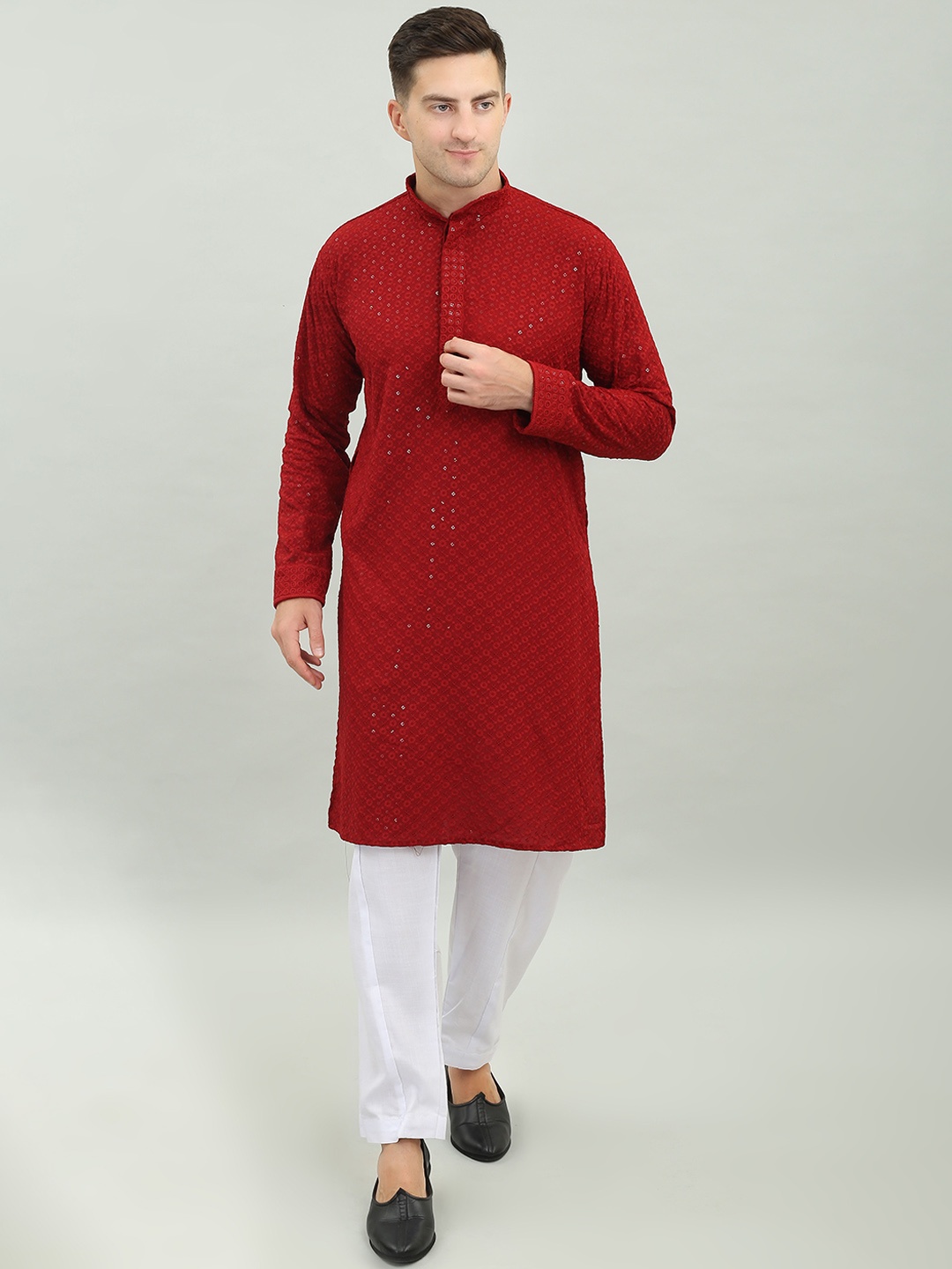 

Benstoke Floral Chikankari Embroidered Sequined Straight Kurta with Pyjamas, Maroon