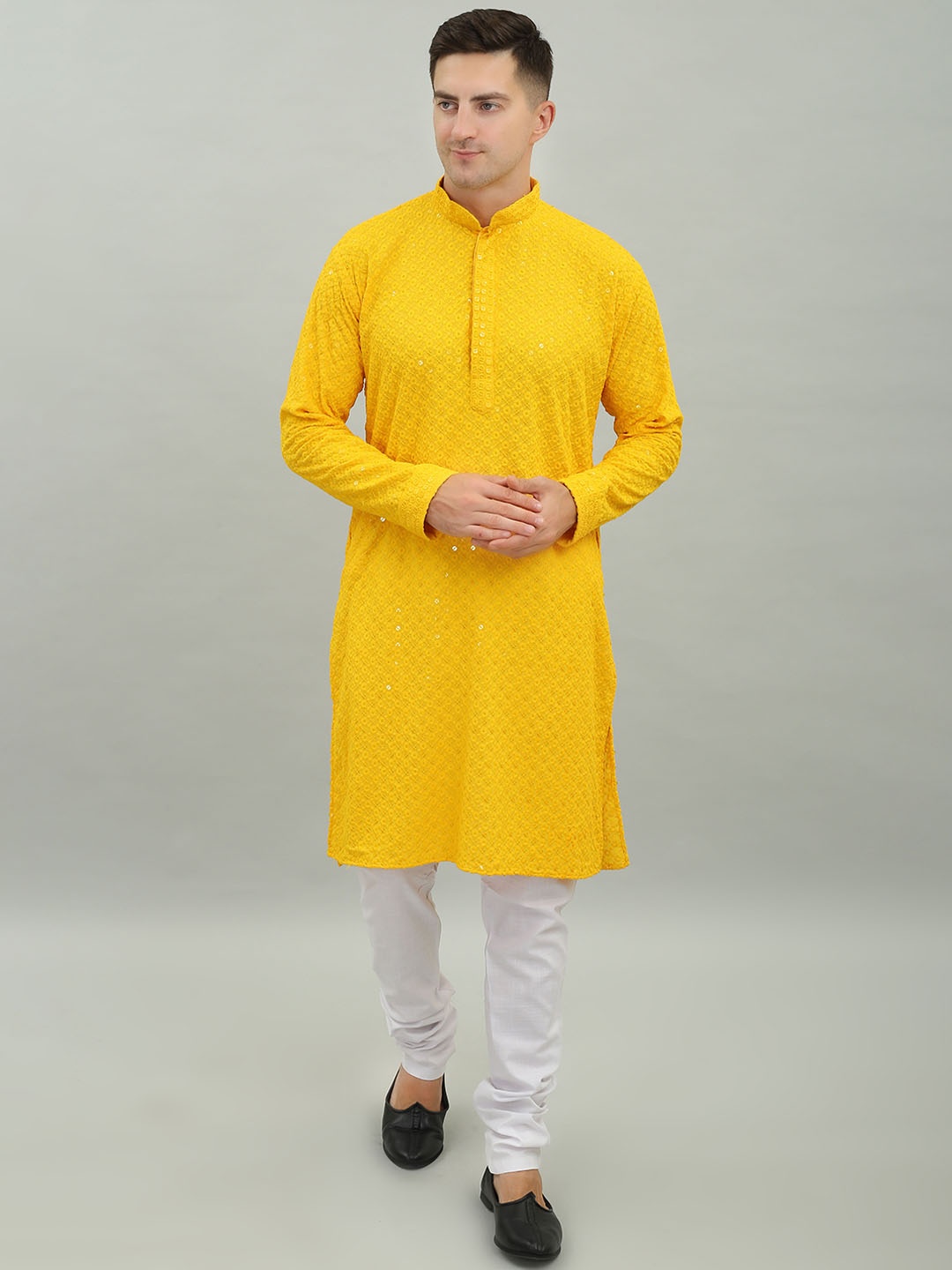 

Benstoke Floral Embroidered Chikankari Sequined Pure Cotton Kurta with Churidar, Yellow