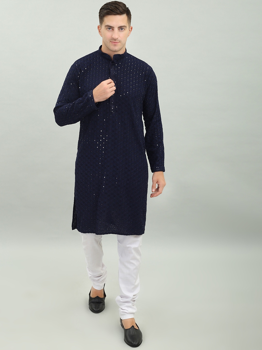 

Benstoke Floral Embroidered Chikankari Sequined Pure Cotton Kurta with Churidar, Navy blue