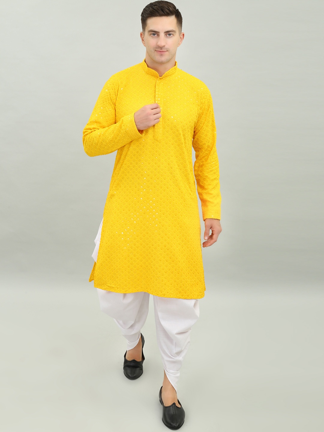 Benstoke Floral Embroidered Chikankari Sequined Pure Cotton Kurta with Dhoti Pants, Yellow