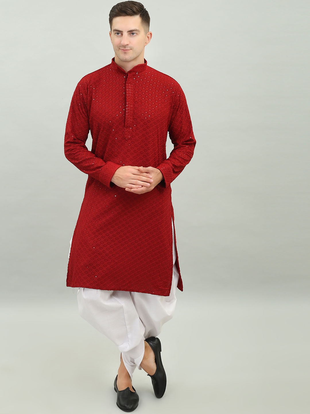 

Benstoke Floral Embroidered Chikankari Sequined Pure Cotton Kurta with Dhoti Pants, Maroon