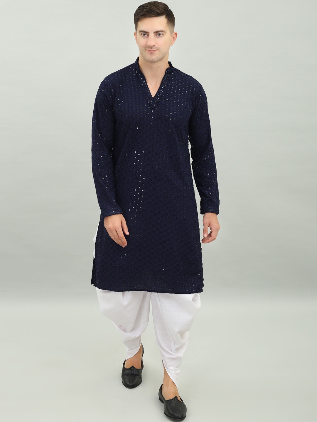 

Benstoke Sequinned Embroidered Chikankari Pure Cotton Kurta with Dhoti Pants, Navy blue