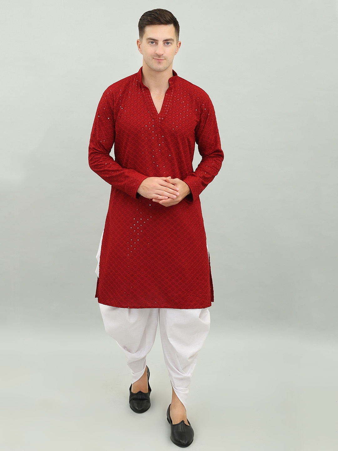 

Benstoke Floral Embroidered Mandarin Collar Chikankari Regular Kurta With Dhoti Pants, Maroon