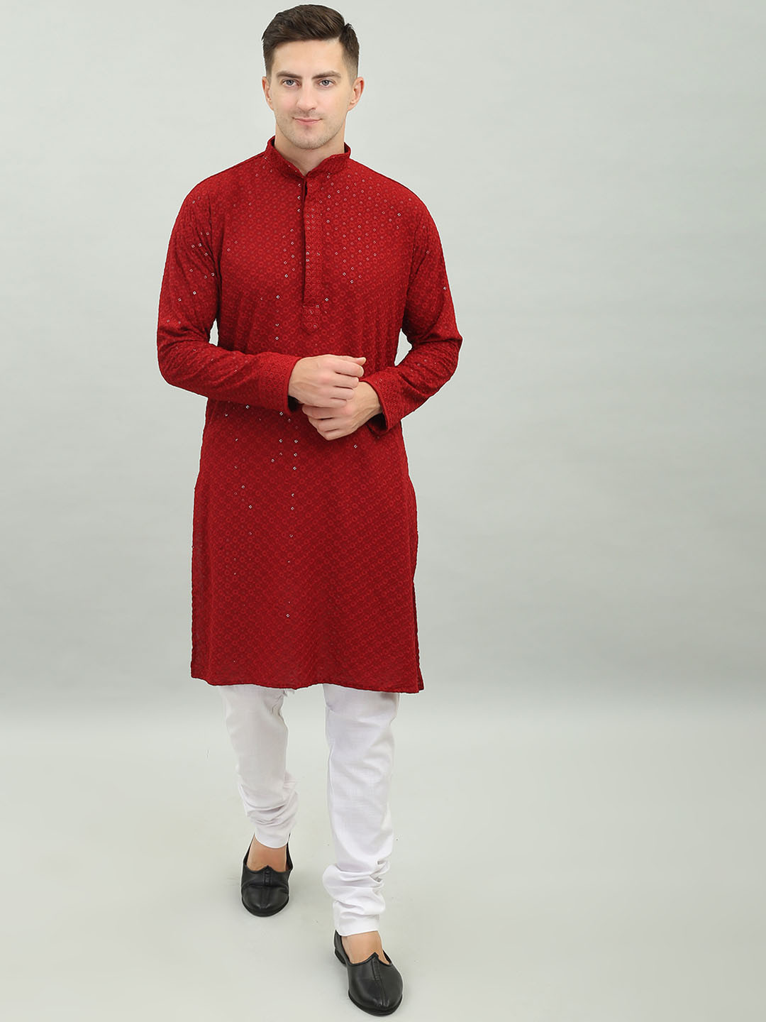 

Benstoke Floral Embroidered Chikankari Sequined Pure Cotton Kurta with Churidar, Maroon