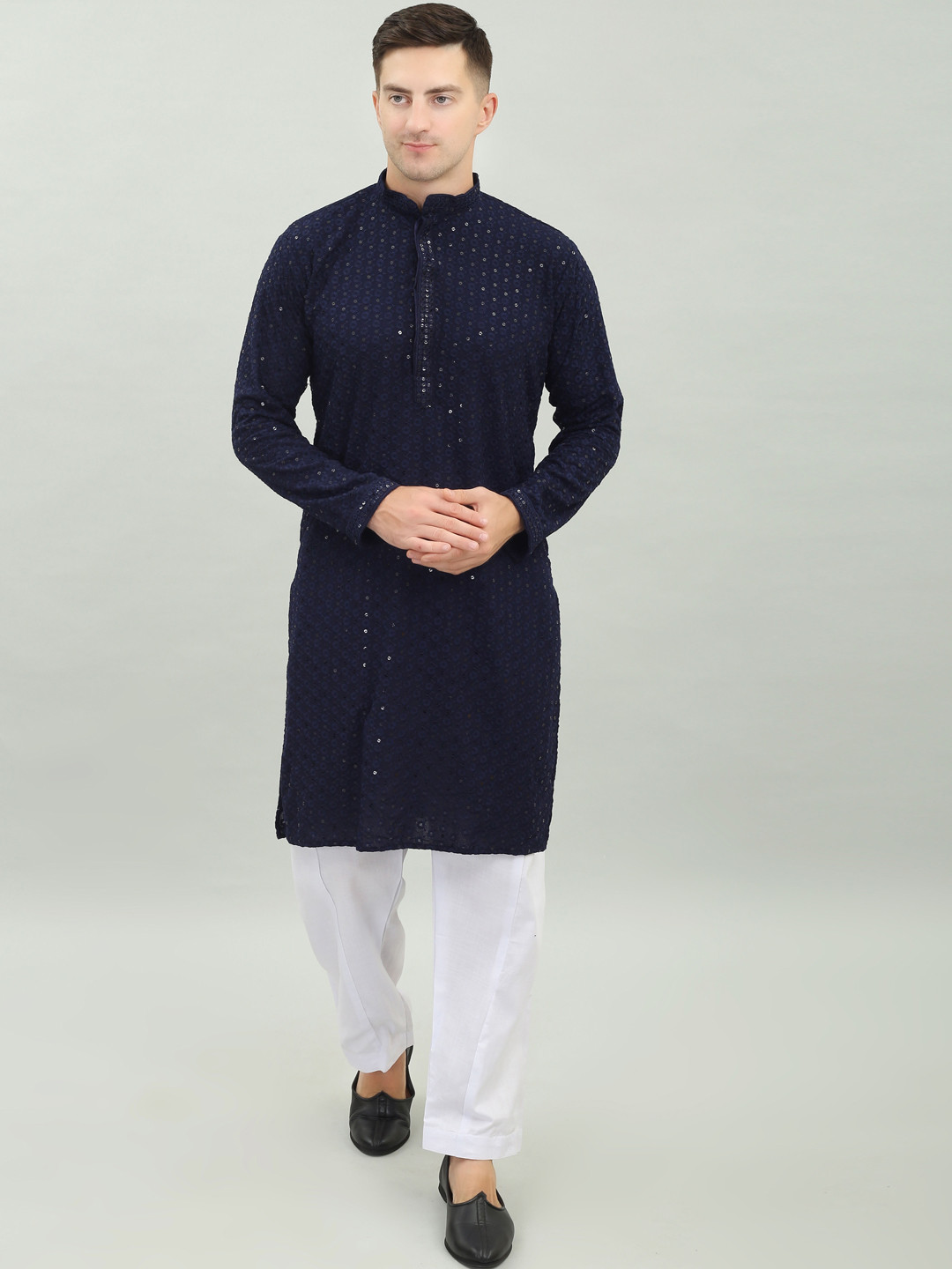 

Benstoke Floral Chikankari Embroidered Sequined Straight Kurta with Pyjamas, Navy blue