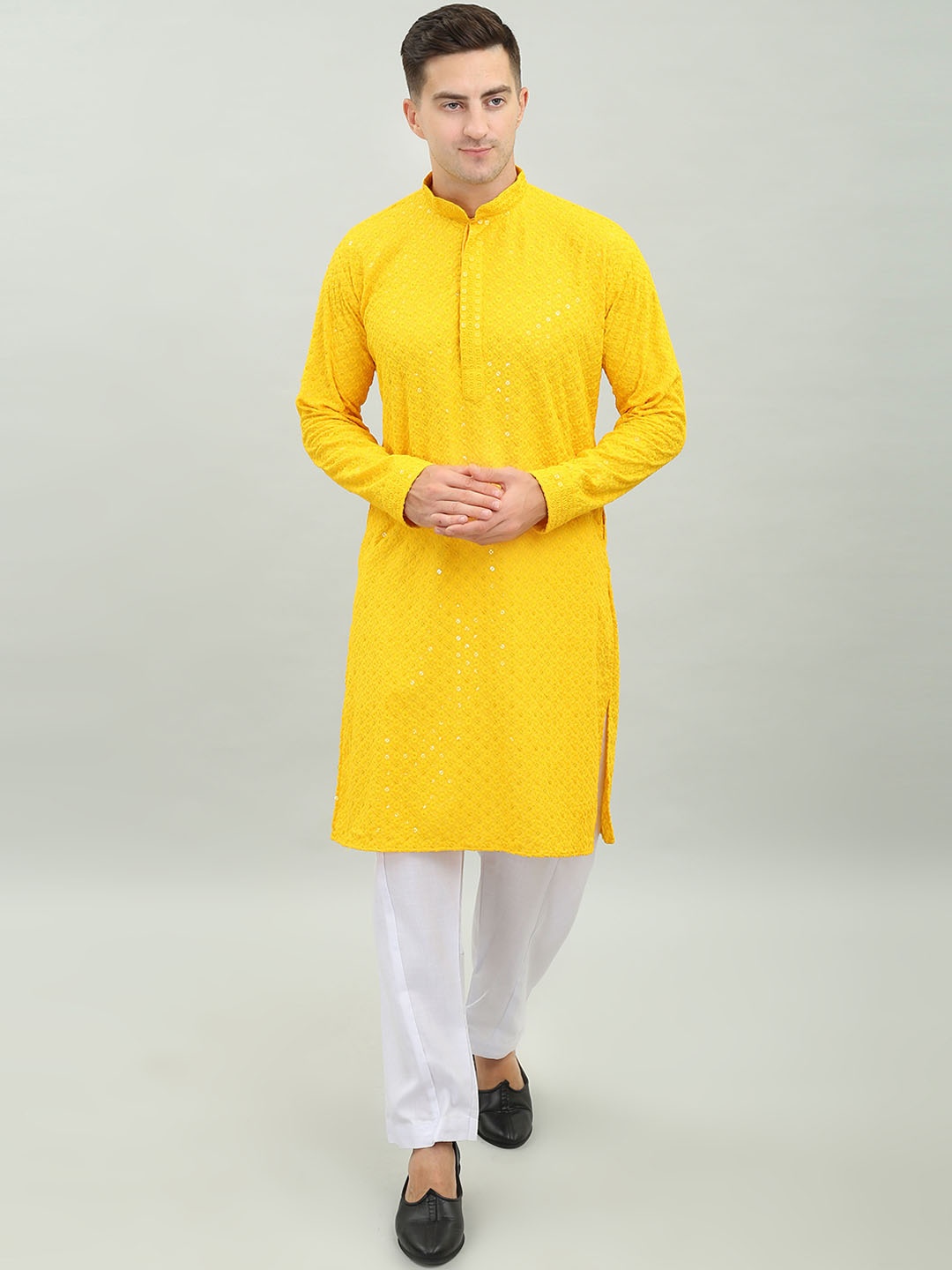 

Benstoke Floral Chikankari Embroidered Sequined Straight Kurta with Pyjamas, Yellow