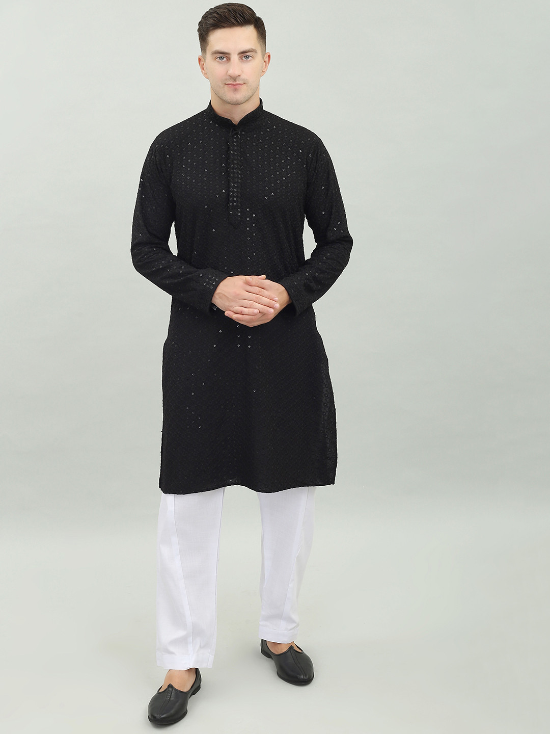 

Benstoke Floral Embroidered Chikankari Sequined Pure Cotton Kurta with Salwar, Black