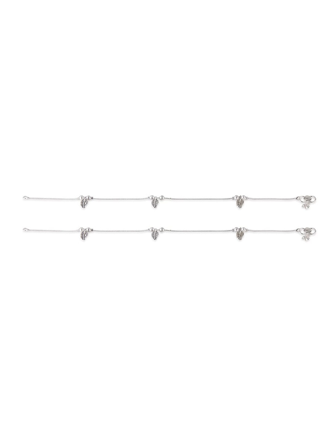 

Priyaasi Set Of 2 Silver-Plated Stone-Studded Flower Charm Anklets