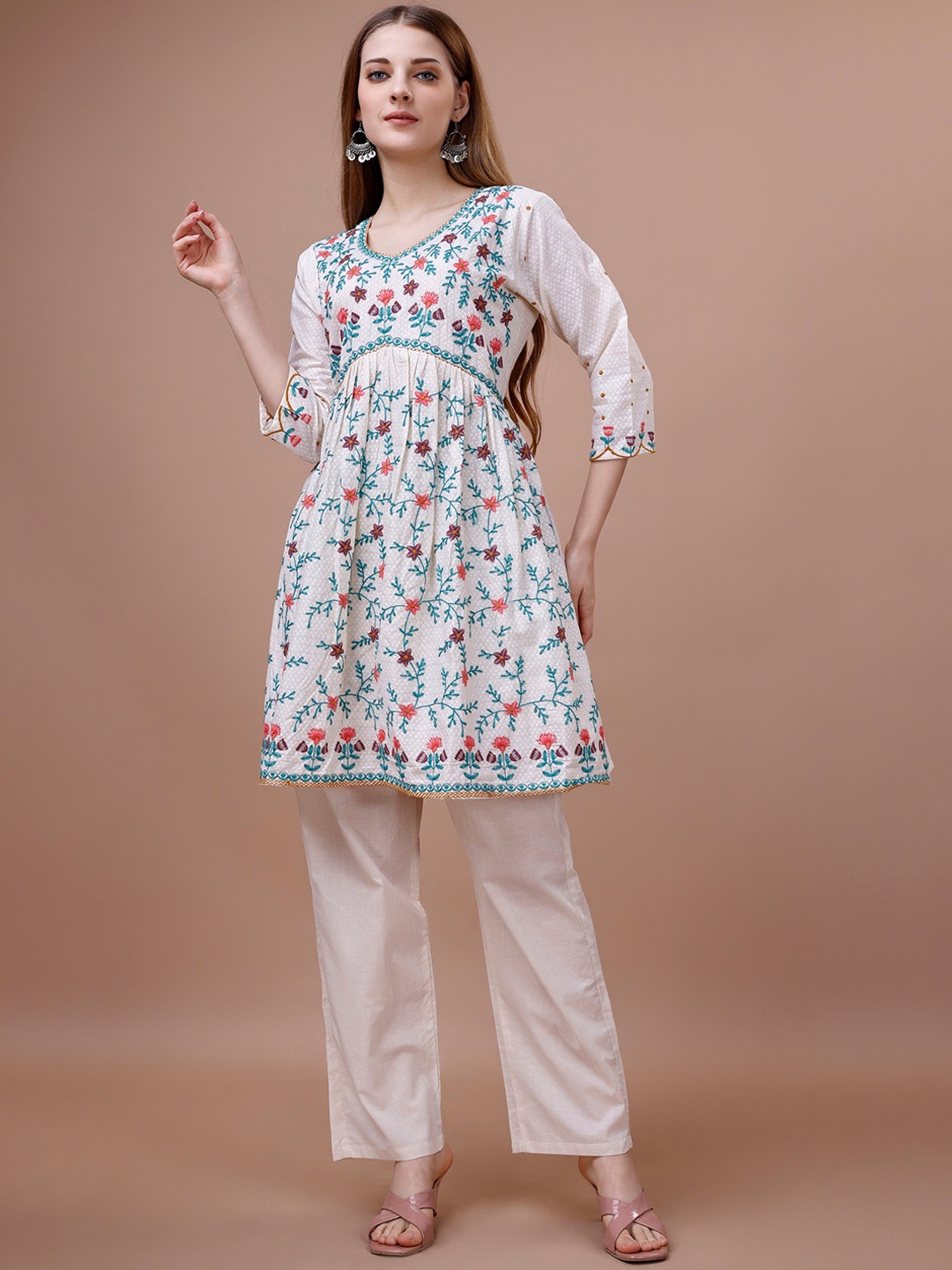 

Ishin Embroidered V-Neck Pure Cotton A-Line Kurti, White