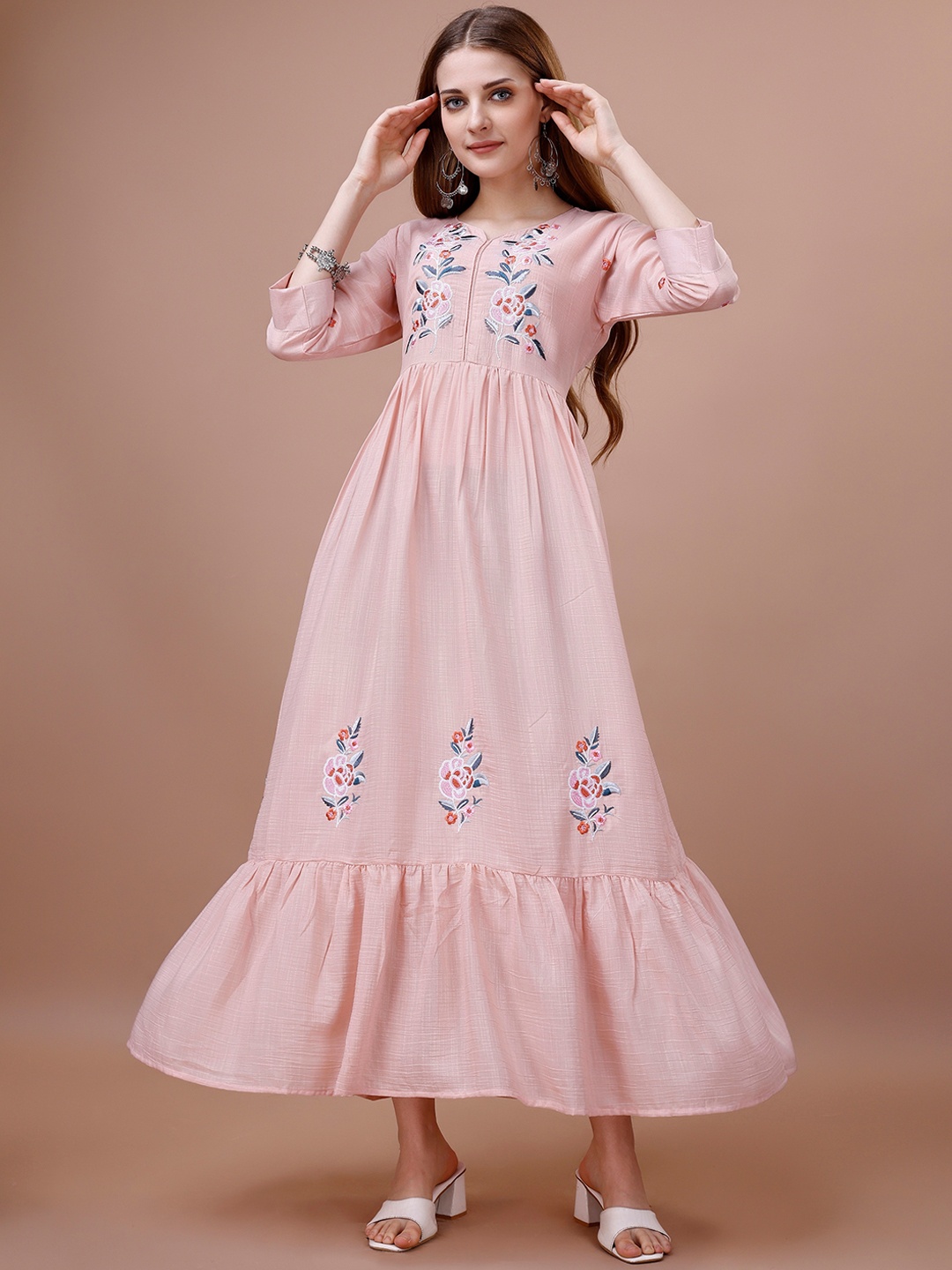 

Ishin Floral Embroidered Fit & Flare Maxi Ethnic Dresses, Pink