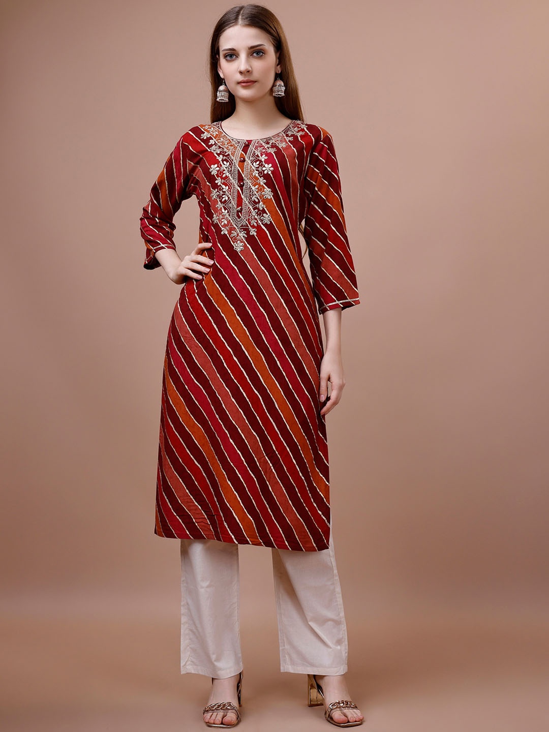 

Ishin Striped Thread Work Straight Kurta, Red