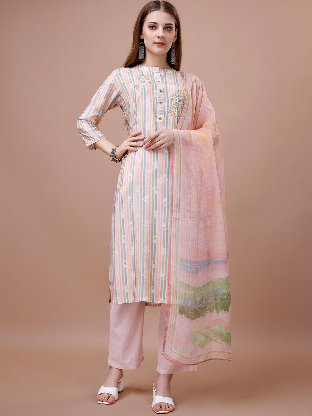 

Ishin Striped Band Collar Thread Work Straight Kurta & Trousers With Dupatta, Peach