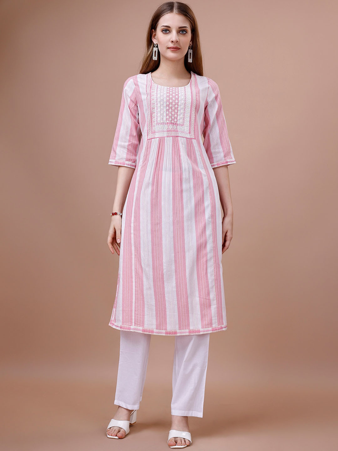 

Ishin Striped Thread Work Round Neck A-Line Kurta, White