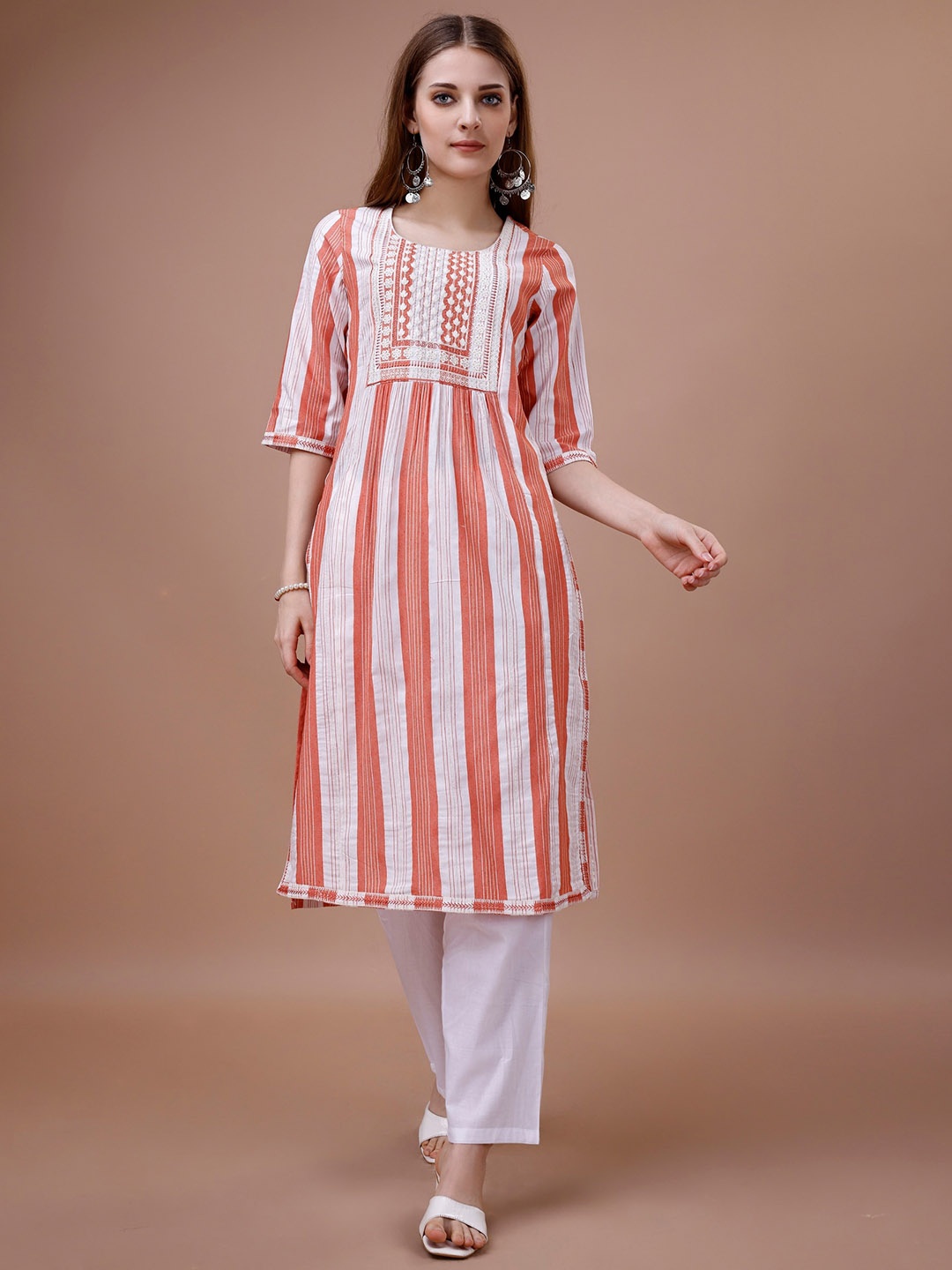 Ishin Striped Thread Work Round Neck A-Line Kurta, White