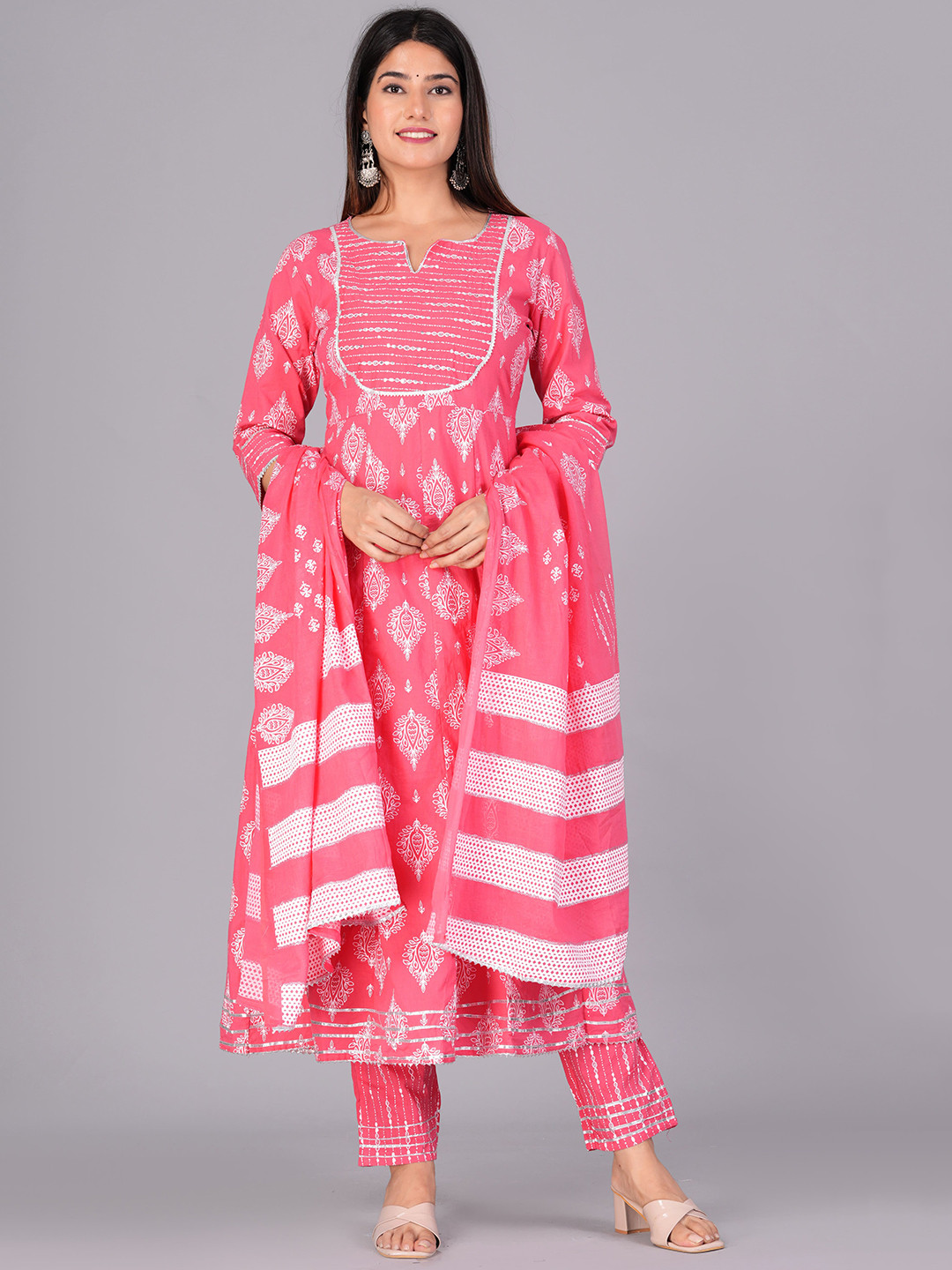 

KALINI Ethnic Motifs Printed Pure Cotton Anarkali Kurta & Trousers With Dupatta, Pink