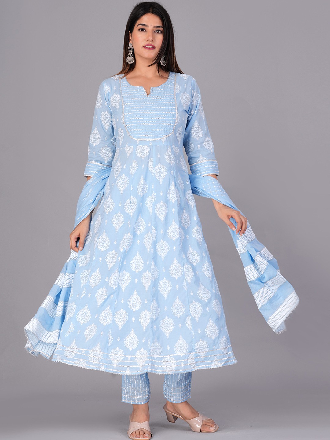 

KALINI Ethnic Motifs Printed Pure Cotton Anarkali Kurta & Trousers With Dupatta, Turquoise blue