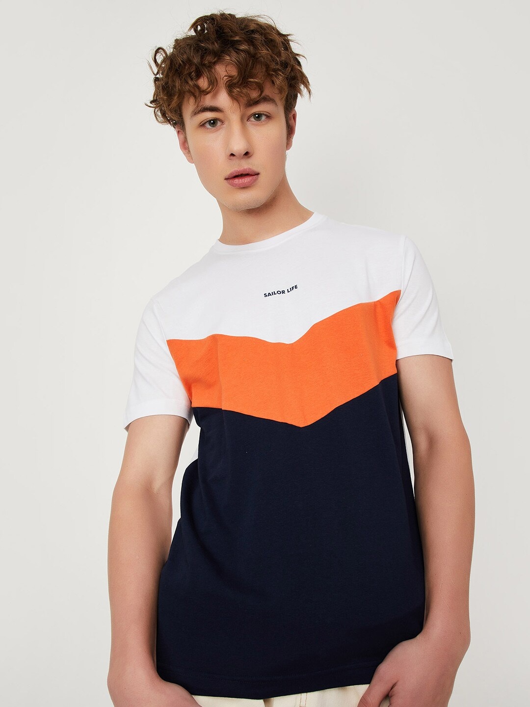 

max Colourblocked Round Neck Short Sleeve Cotton T-shirt, White