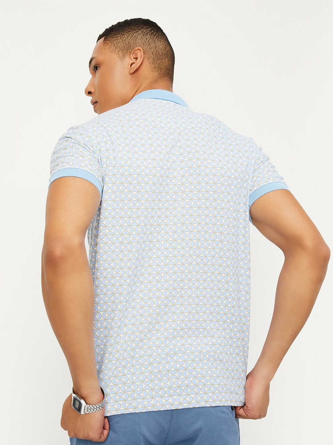 

max Geometric Printed Polo Collar Cotton T-shirt, Blue