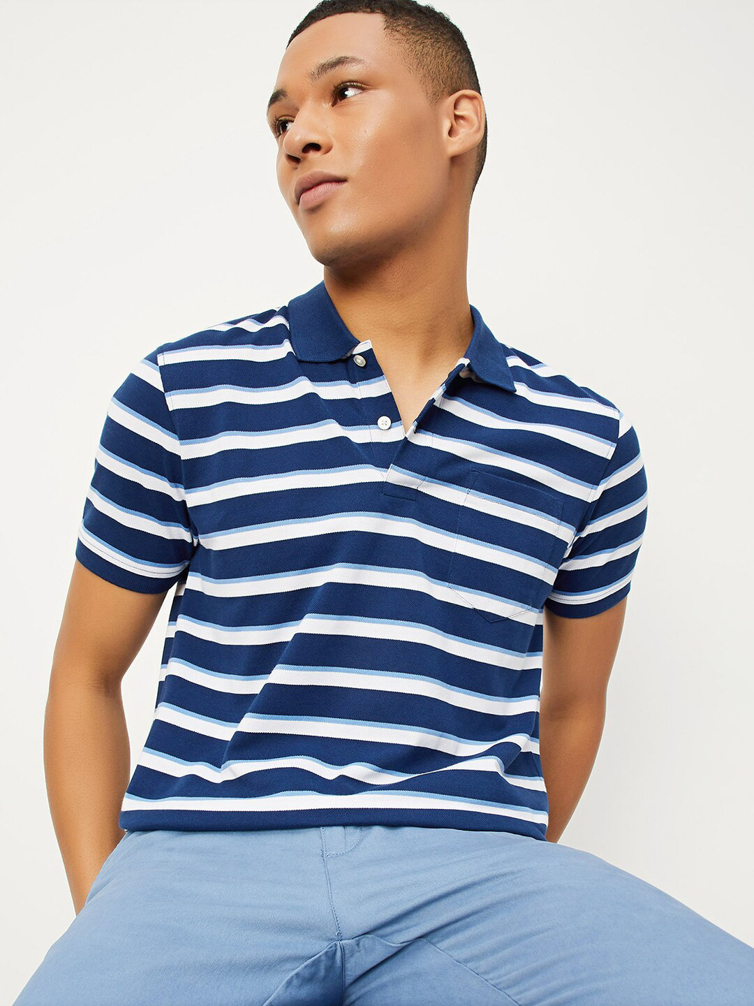 

max Striped Polo Collar Cotton T-Shirt, Blue