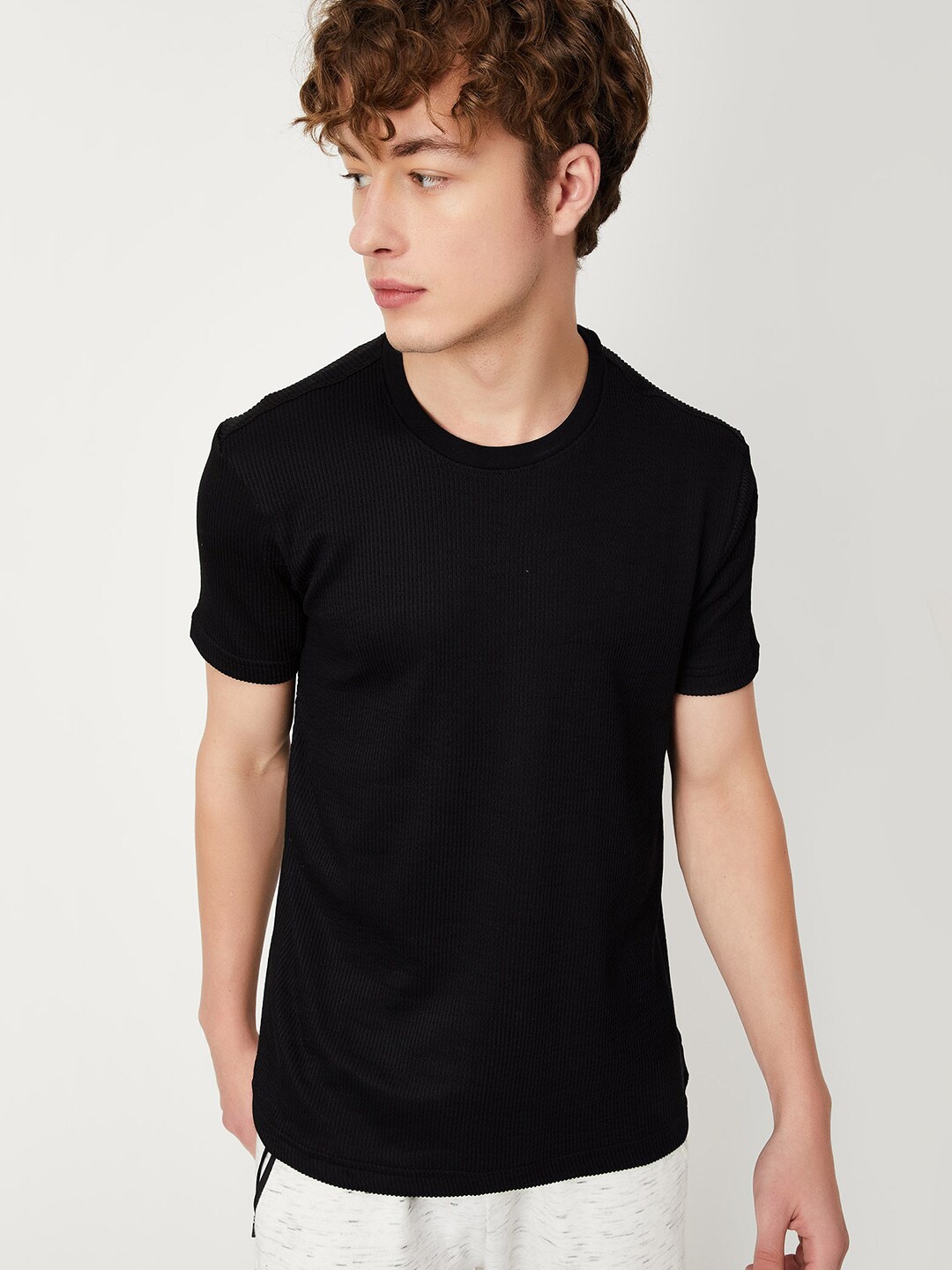 

max Ribbed Round Neck Short Sleeves Cotton T-shirt, Black