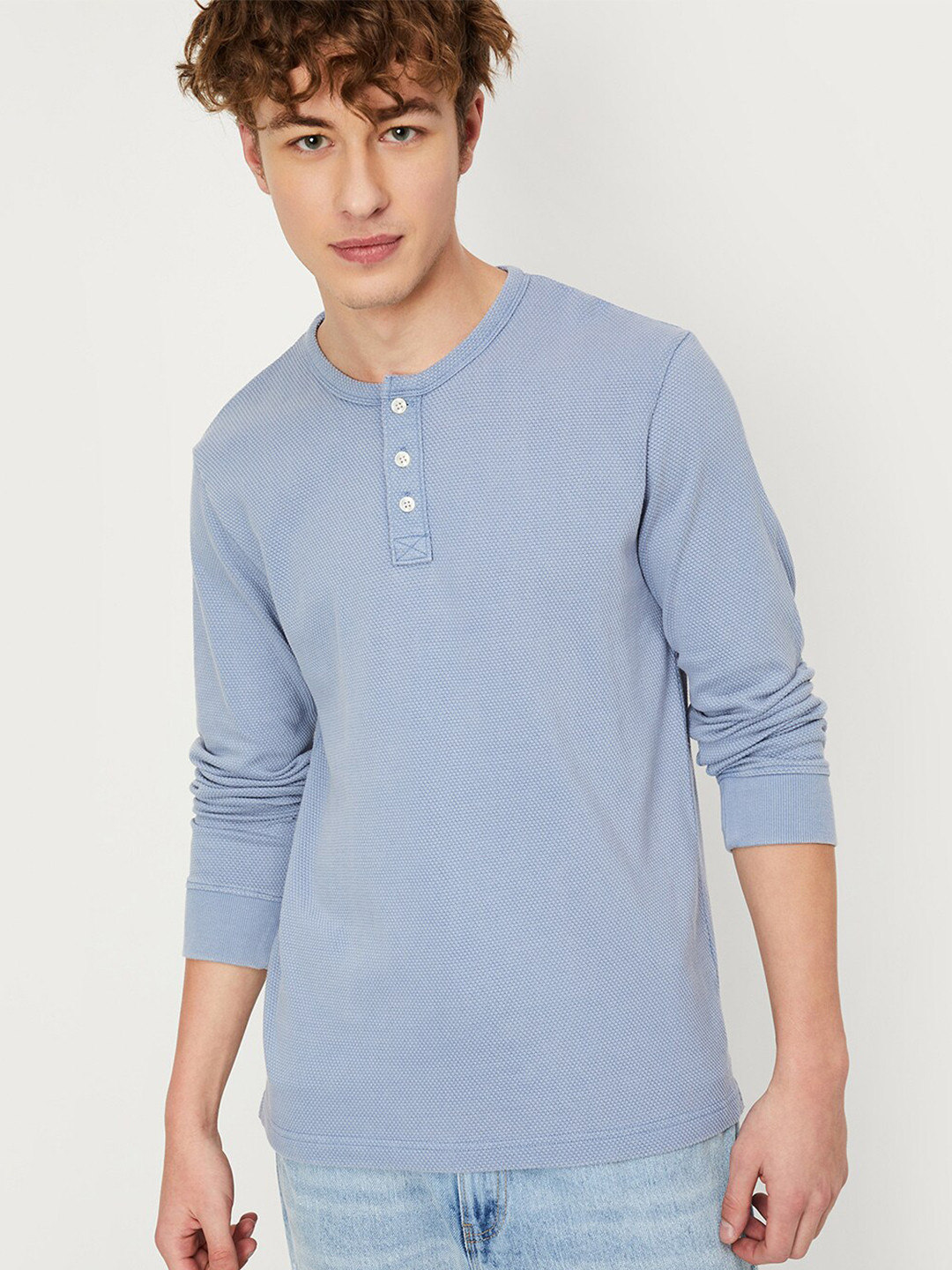 

max Self Design Pure Cotton T-Shirt, Blue