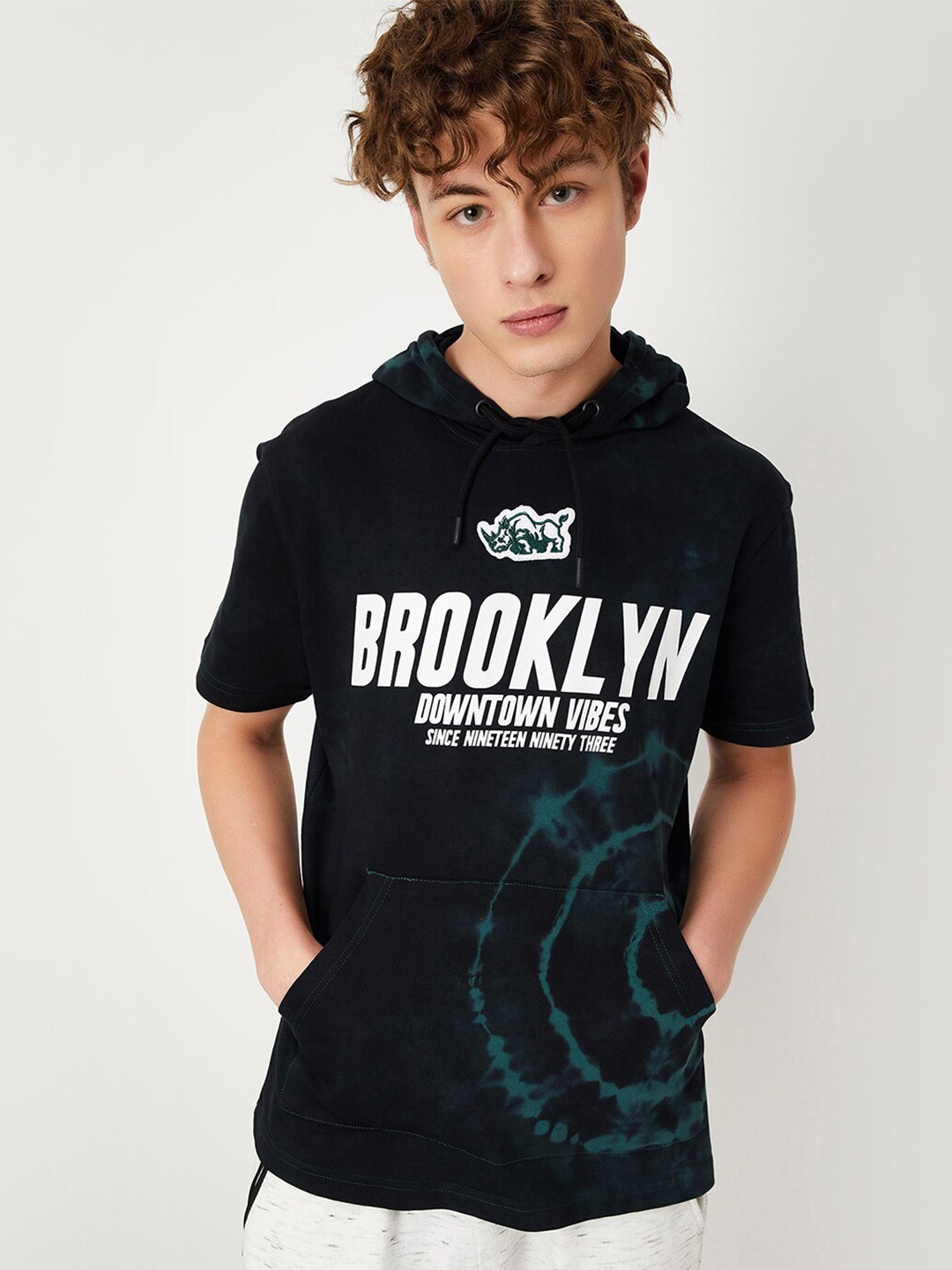 

max Typography Printed Hooded Pure Cotton T-Shirt, Green