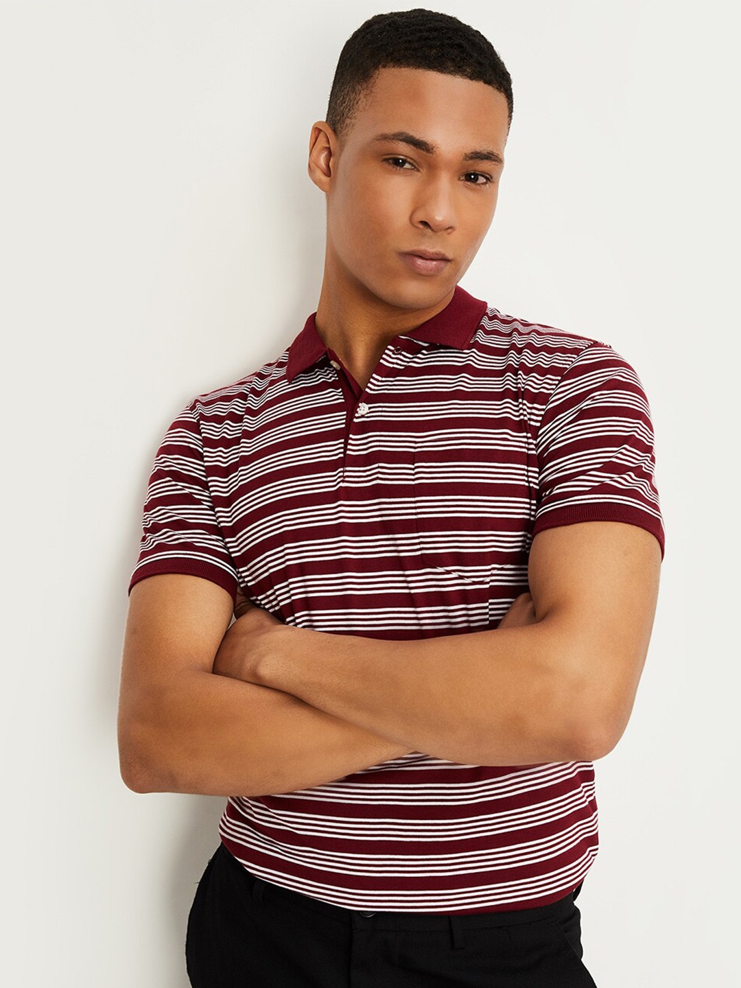 

max Horizontal Striped Polo Collar Cotton T-Shirt, Maroon