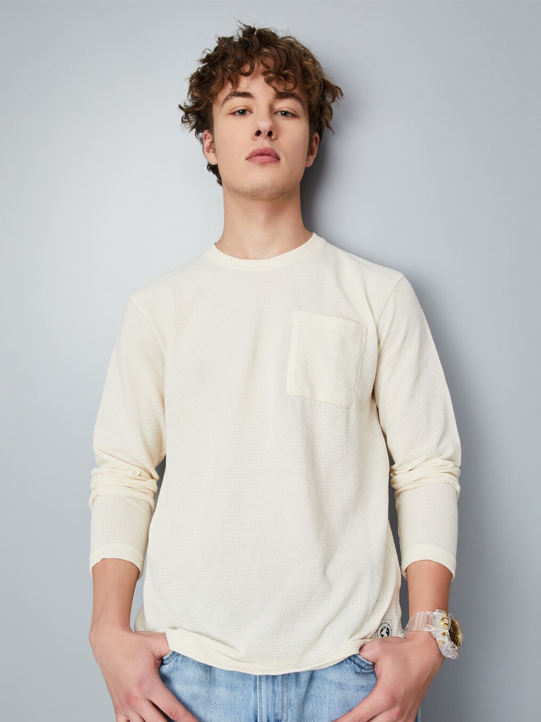 

max Self Design Cotton T-Shirt, Off white