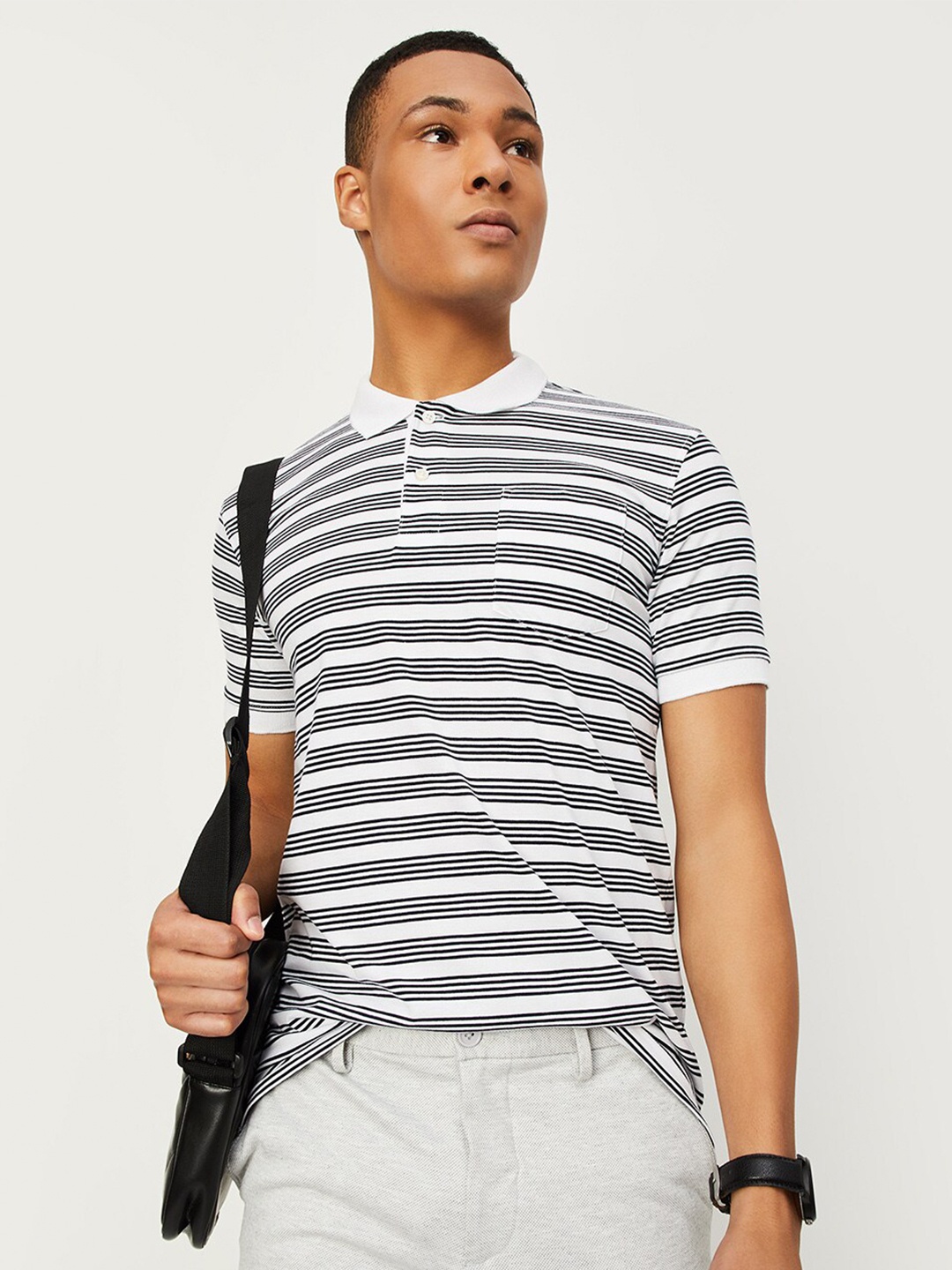 

max Striped Polo Collar Cotton T-shirt, White