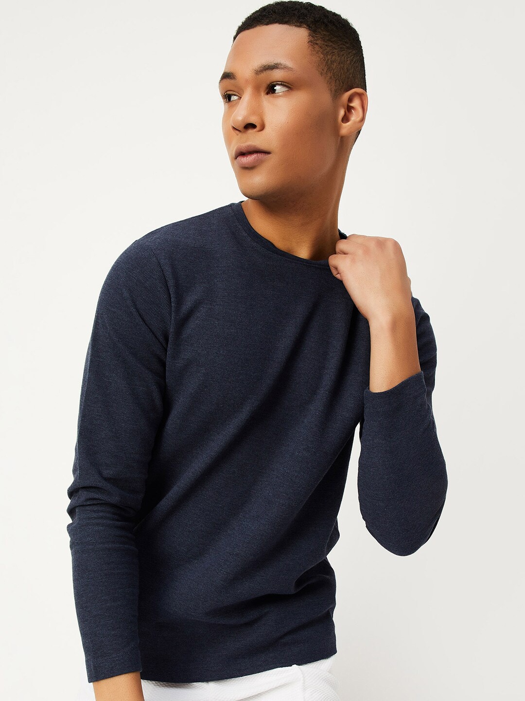 

max Round Neck Long Sleeves Cotton T-shirt, Navy blue