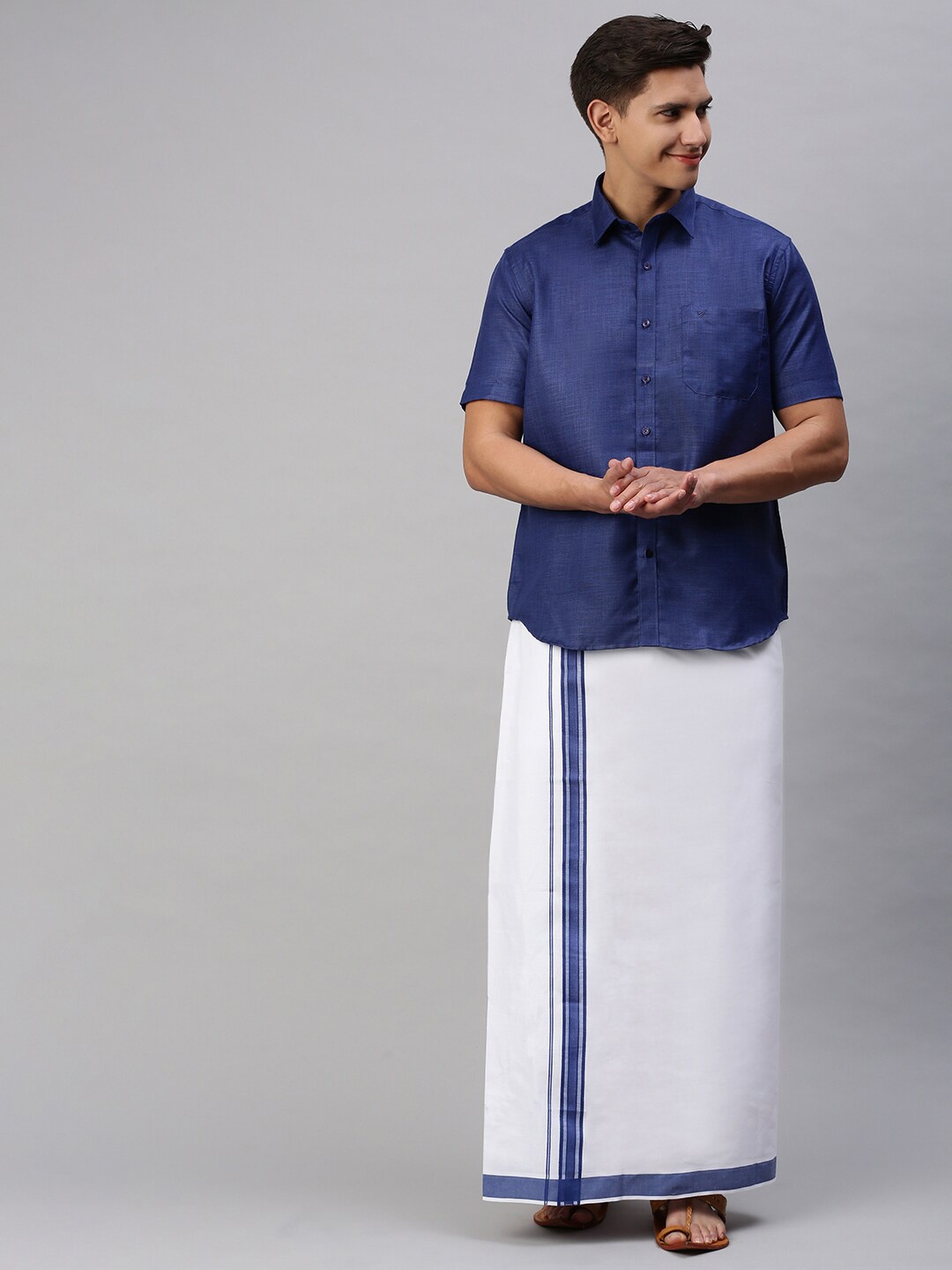

Viveagham Men Shirt With Veshti, Navy blue