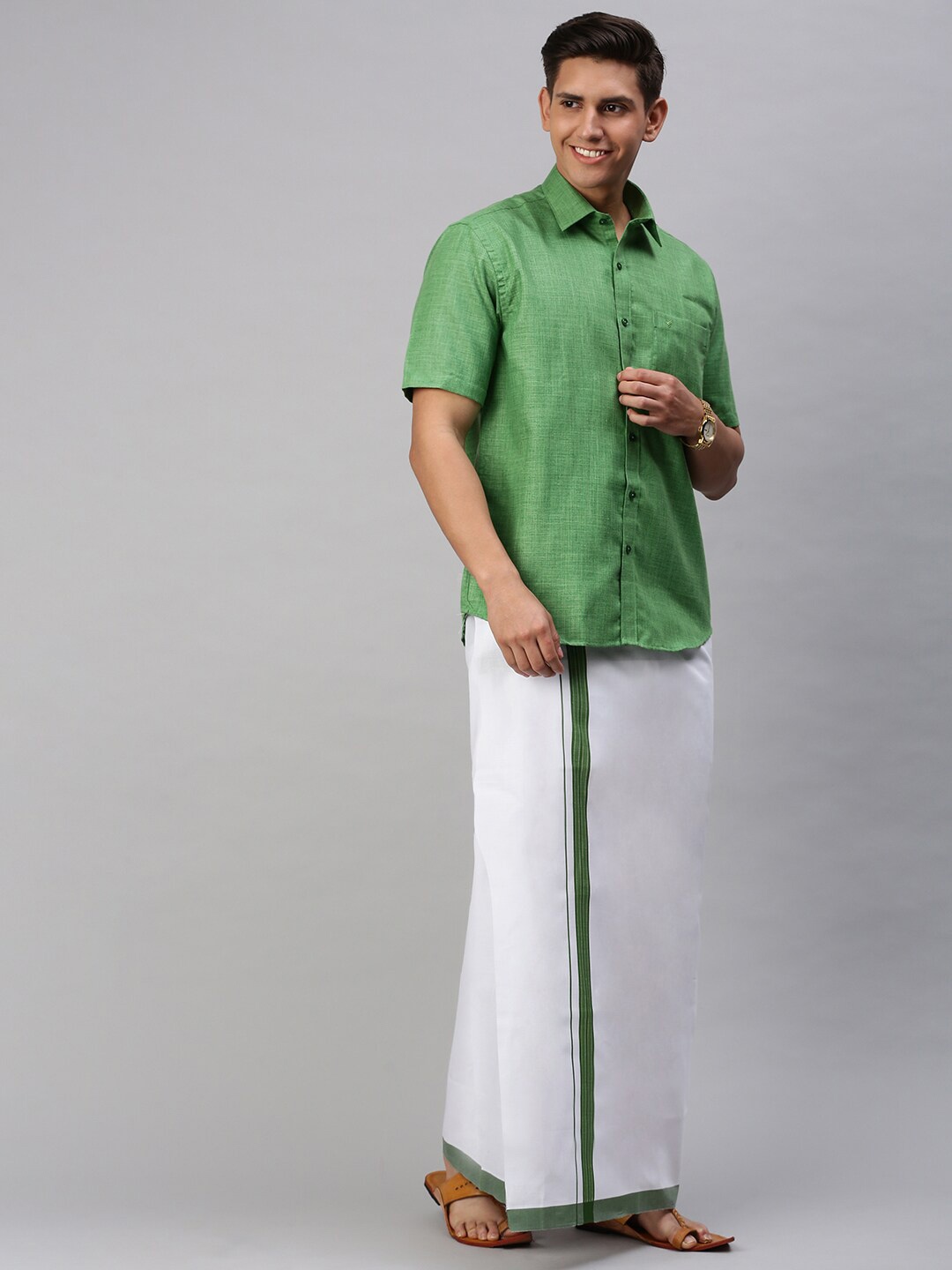 

Viveagham Men Shirt With Veshti, Green