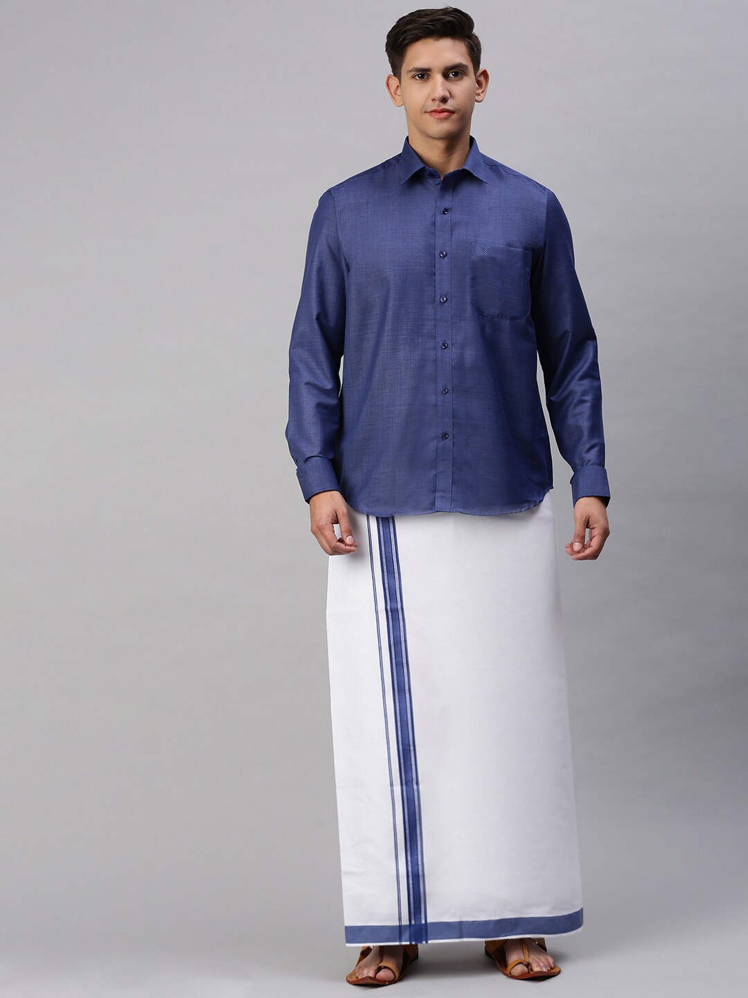 

Viveagham Men Shirt With Veshti, Navy blue